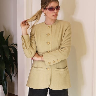 Vintage CHANEL 1990s Light Green Boucle Jacket with Gold CC Logo Buttons + Pockets Wool Silk Multi Pocket sz S M Chartreuse 