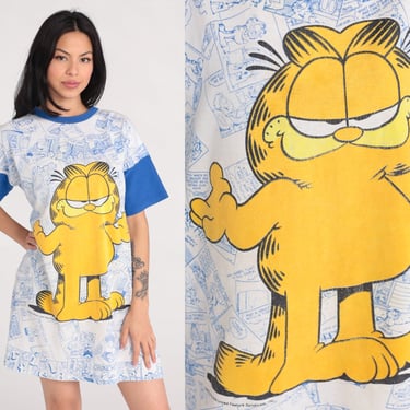 Garfield Pajama Dress Comic Nightie 80s Nightgown Sleep Dress Cartoon Cat Mini Flirts Kawaii Vintage Ringer White Blue Small Medium Large 