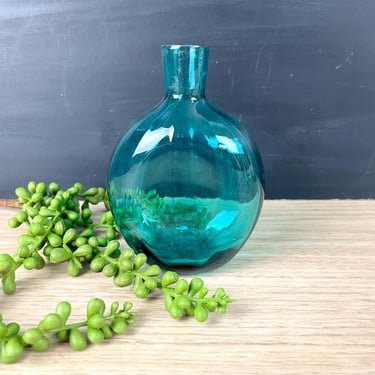 Teal blue blown glass flask vase - vintage art glass 