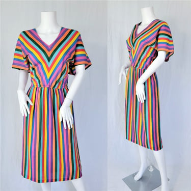 Volup 1980's Rainbow Stripe Chevron Stripe Rayon/Poly Dress I Sz Lrg - XL 