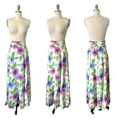 40s Hibiscus Cold Rayon Hawaiian Maxi Skirt / 1940s Vintage High Waisted Floor Length Skirt / Medium / Size 6 