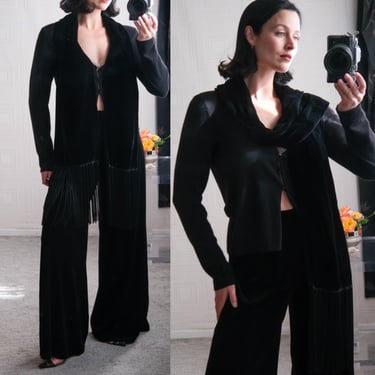 GIORGIO ARMANI Black Cashmere & Silk Cardigan Velvet Wide Leg Pant Set w/ Velvet Scarf Collar | UNWORN | Made in Italy | Y2K Designer Suit 