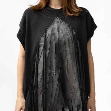 Yama Hand Embroidered Leather Detail Cropped Sleeve Knit Top