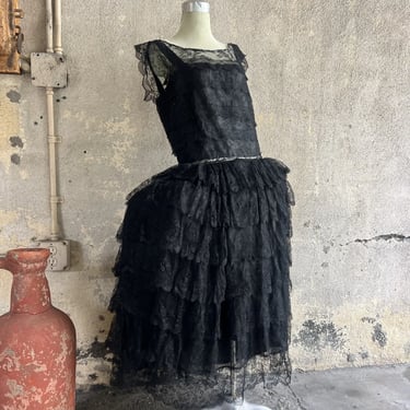 Antique 1920s Robe De Style Black Silk Chantilly Lace Dress Tiered Ruffles VTG