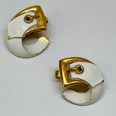 Trifari White and Gold Buckle Earrings