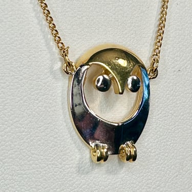 Two Tone Owl Pendant Necklace Trifari Floating Silver Gold Tone Vintage Retro 