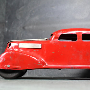 Antique Pressed Steel Automobile | Vintage Model Car with Wooden Wheels | 1940s Lincoln Continental? Cadillac? | FREE SHIPPING 