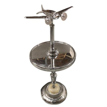 Art Deco Light Up Chrome Douglas DC-3 Airplane Drink Side Table, Art Glass Base 