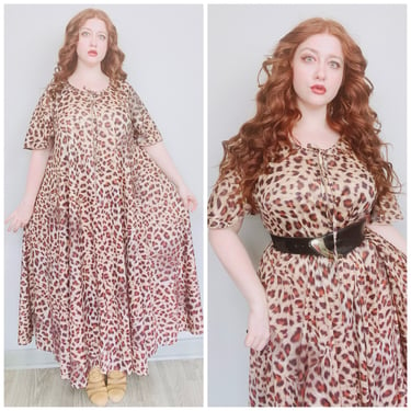 1970s Vintage Brown Leopard Print Trapeze Lounge Dress / 70s Flutter Sleeve Zip Front Poly Knit Maxi Gown / Size XL - XXL 