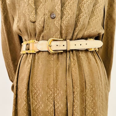 Vintage Ivory &amp; Beige Leather Linked Belt w/Goldtone Accents