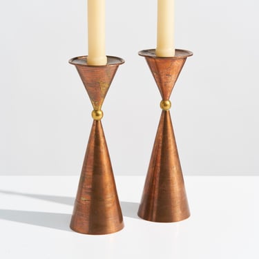 Pair of Vintage MCM Copper and Brass Sculptural Candle Holders // Modernist Tapered Hourglass Shape with Sphere Details // Set of 2 