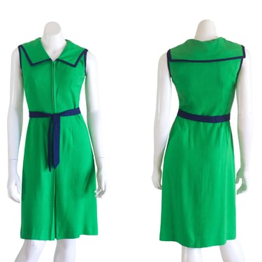 Vintage 1960s Kelly Green Dress with Blue Trim and Matching Belt | Bib Collar 