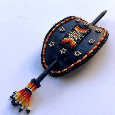 Beaded Leather Hair Pin, Beaded Hair Stick Barette, Native American Hair Pin, Black Wooden Hair Stick Pin, Hair Stick Pin Hair Accessory 