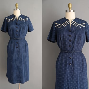 vintage 1950s Dress | Indigo Blue Swiss Dot Cotton Day Dress | Large XL 