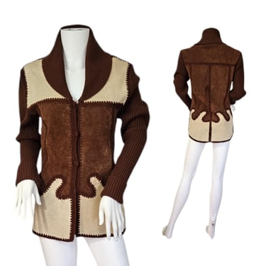 Dawn Intl 1970's Brown Tan Suede Patchwork Knit Sweater Jacket I Sz Med 