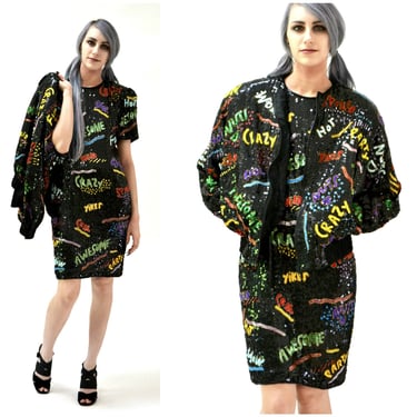 Vintage Sequin Dress Black Size small Medium By Modi Pop Art// 90s Vintage Beaded Dress with 90s Words Awesome Fun Crazy 