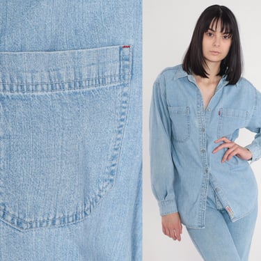 Levis Denim Shirt 90s Blue Jean Button Up Shirt Long Sleeve Cotton Button Down Boyfriend Top Retro Streetwear Basic Vintage 1990s Medium M 