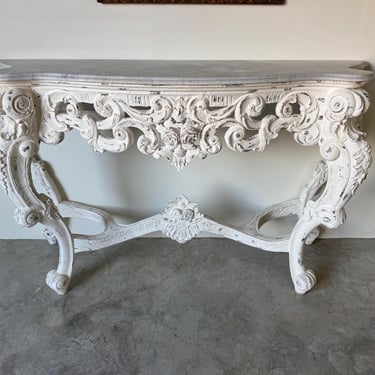 French Hollywood Regency Rococo-Style Carved Console Table with Marble Top 