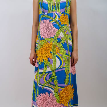 1960s Psychedelic Floral Palm Royale Style Maxi Dress