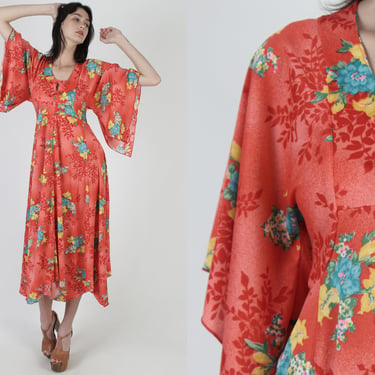 70s Bright Floral Dress / Red Angel Bell Sleeve / Tie Bodice Hanky Hem Maxi / 1970s Vintage 70s Kimono Festival Maxi Dress 