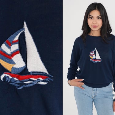 Sailboat Sweater 70s Navy Blue Embroidered Knit Sweater Retro Nautical Sailing Boat Sailor Graphic Novelty Acrylic Vintage 1970s Large 