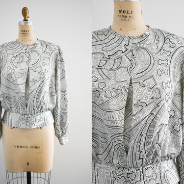 1980s Black and Cream Paisley Blouse 