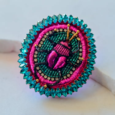 Embroidered Fuscia Beetle Brooch