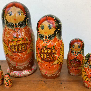 Vintage Russian Nesting Dolls, Matryoshka Wood Dolls, Wooden Signed Hand Painted Peasant Girls Holding Fruit 