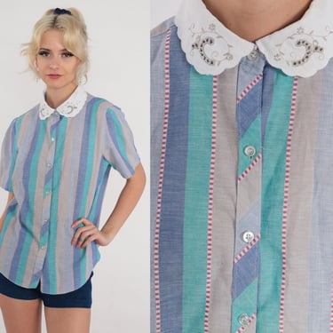Striped Blouse 80s Lace Collar Top Puff Sleeve Button up Shirt Retro Floral Embroidered Granny Boho Blue Green 1980s Vintage Medium M 