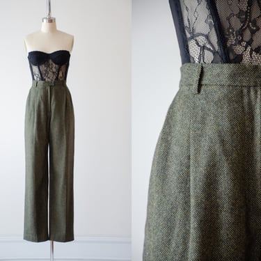 high waisted pants | 90s vintage Evan Picone olive green black tweed wool academia style straight leg pleated trousers 