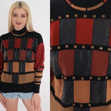 Leather Patch Sweater 80s Studded Sweater Checkered Wool Black Red Brown Mock Neck Pullover Jumper Mockneck Statement Vintage 1980s Small S 