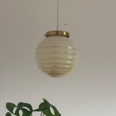 Vintage Beige Glass Pendant Light / Art Deco Green Globe / Retro Ceiling Lamp / Sphere Lamp / Glass Ball / Yugoslavia /  1950s 