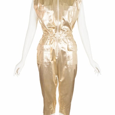 Ted Lapidus 1970s Vintage Gold Lamé Zip-Up Cropped Jumpsuit 