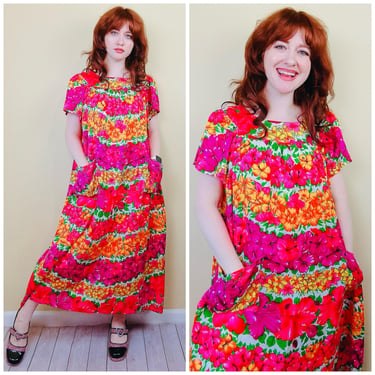 1970s Vintage Pink and Orange Neon Maxi Dress / 70s Hibiscus Acrylic Homemade Muumuu with Pockets / One Size 