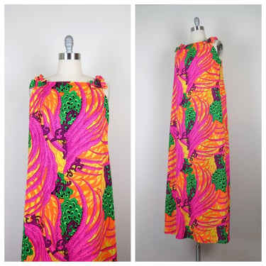 Vintage 1970s barkcloth Hawaiian maxi dress weatteau back aloha psychedelic 