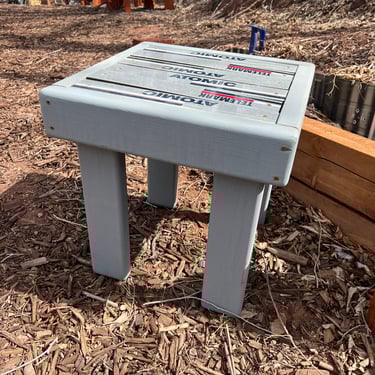 Grey stain Ski Side Table, seat, wood frame, ski top side table, side tables, outdoor side table, table, stool 