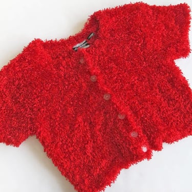Vintage Y2K Fuzzy Chenille Crop Sweater M L  - 2000s Red Short Sleeve Cardigan Button Up Top 