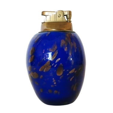 Mid Century Modern Cobalt Murano Glass & Brass Table Lighter W/ Copper Striker 