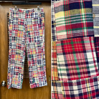 Vintage 1960’s w33 Madras Plaid Krazy Patchwork Ivy League Cotton Pants Trousers, 60’s Vintage Clothing 