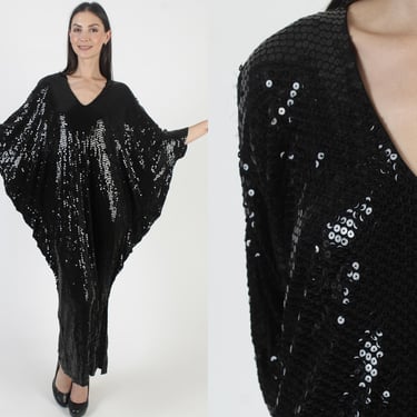 Black Batwing Sequin Dress, New Years Eve Party Gown, Vintage Holiday Party Maxi 