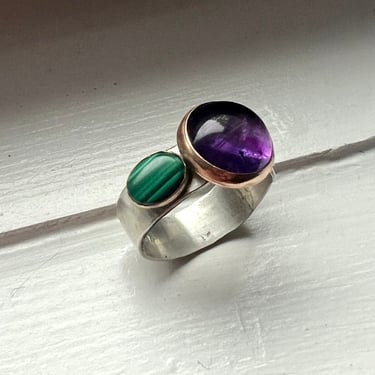 Extra Wide Sterling Silver Cigar Band Ring with Amethyst cabochon and Malachite Bezel set in sterling silver and 14k goldfill 