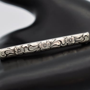 1900's sterling Art Nouveau floral bar pin, romantic rectangular 925 silver c clasp flowers brooch 