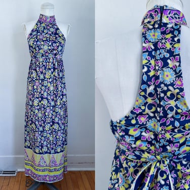 Vintage 1960s - 70s Floral Maxi Halter Dress / XS-S 