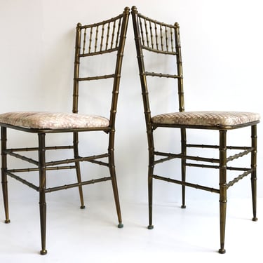 Set of Two Chiavari Chairs Casted Brass Faux Bamboo Chairs Gilt Iron Couple Pair Bedroom Side Chairs  Italian Mid-Century Modern 50s 