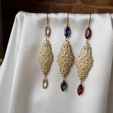 Victorian Art Nouveau earrings, long gold filigree dangle statement earrings, crystal drop earrings, red blue crystal jewelry, gift for her 