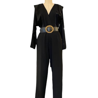 1980s jumpsuit, black rayon, vintage pantsuit, Neiman Marcus, medium, shoulder epaulettes, structural, futuristic style, 80s fashion, 27 28 