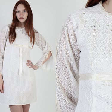 1960s Lace Rhinestone Trumpet Sleeve Mini Dress 