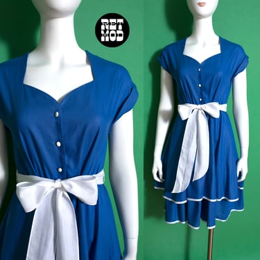 So Cute Vintage 70s 80s Blue Fit and Flare Dress with Tiered Skirt 