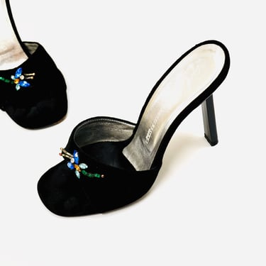 Vintage 00s Y2K Black Velvet High Heels Slides Size 9 40 High Heel Open Toe Mules Giuseppe Zanotti Velvet Slides Rhinestones Butterflies 