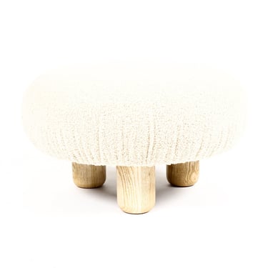 Custom Modernist Japandi Bolete Ottoman / Footstool — Turned Ash legs — Stone Bouclé — Chunky / Low Profile 